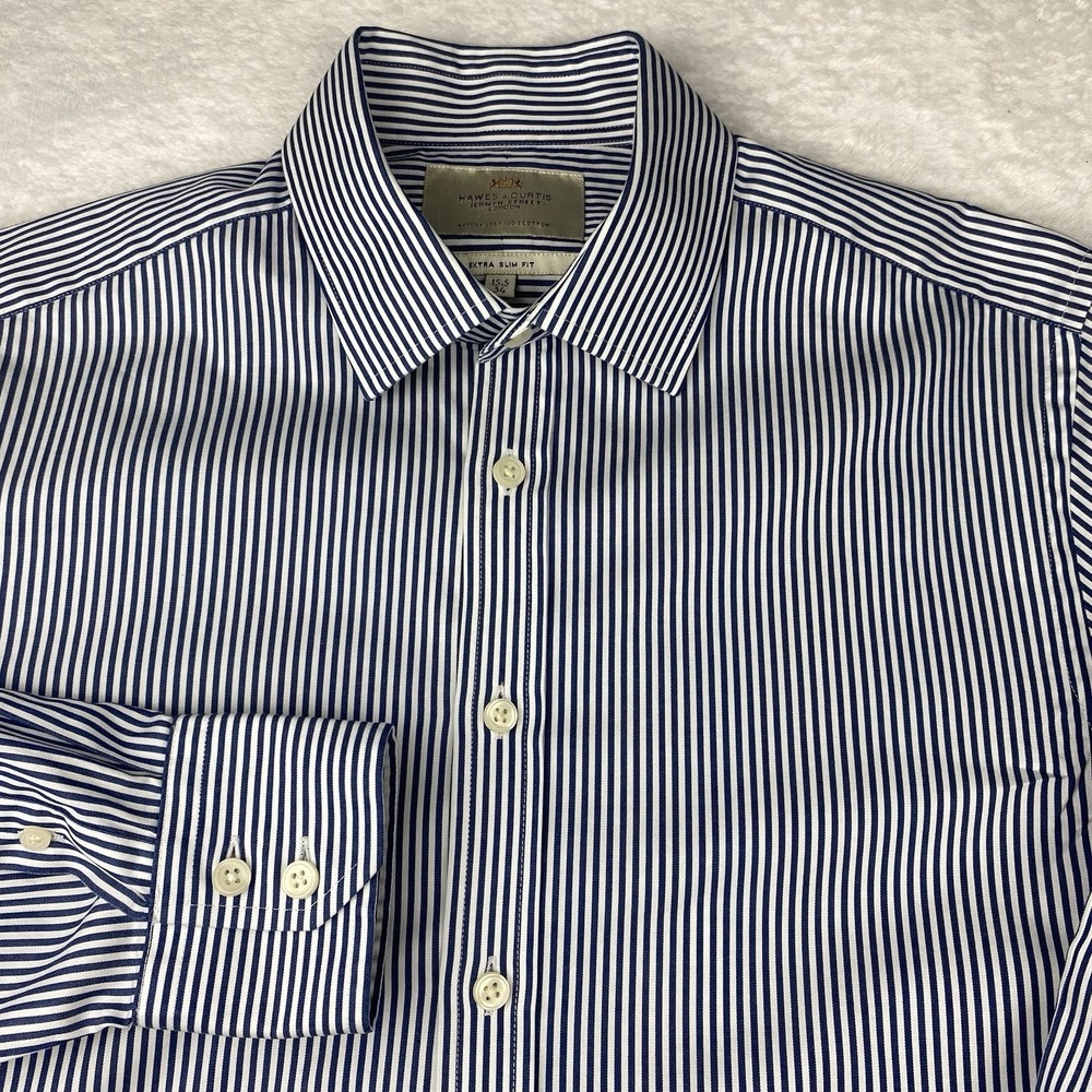 Hawes & Curtis Dress Shirt Mens 15.5-34 Blue/White Stripes Extra-Slim Fit